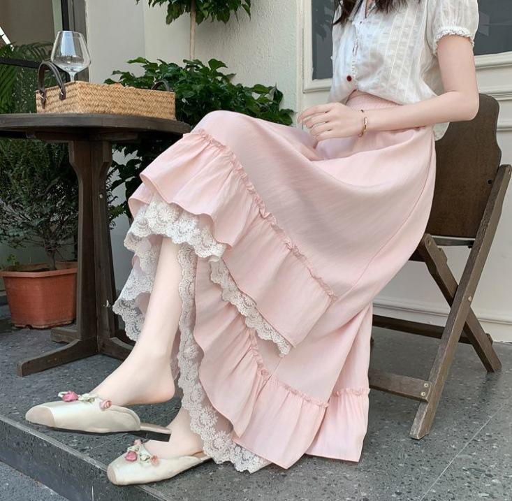 

Юбки из кружева с оборками Женские Весна Лето С высокой талией Элегантные Миди Длины Женские Юбки L розовый