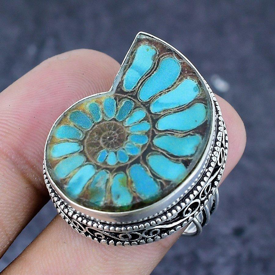 Ammonite Fossil Gemstone 925 Sterling Silver Jewelry Ring Size 9.5