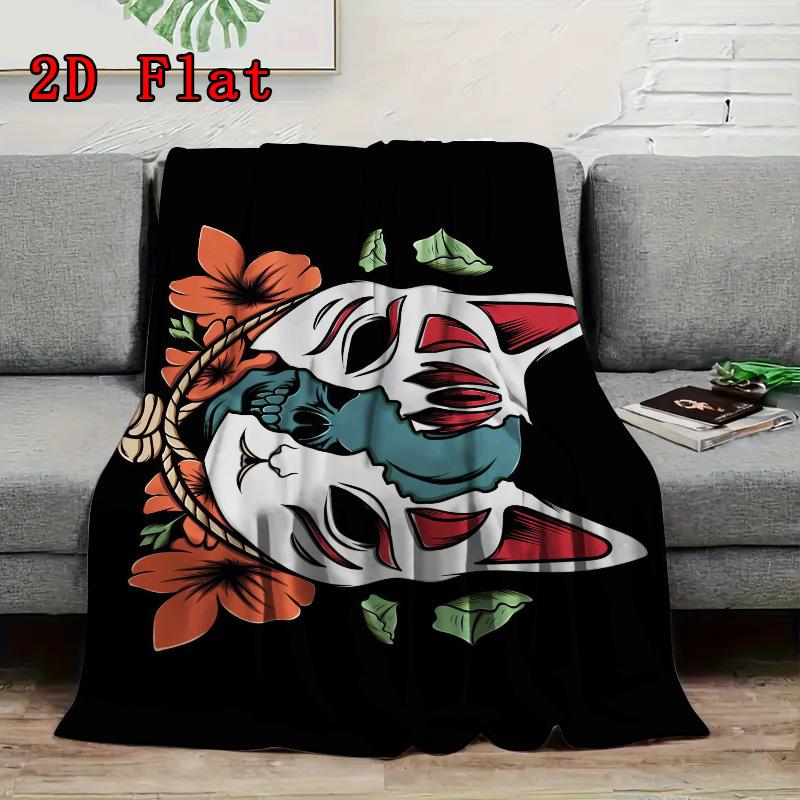 Special Japanese Masks and Flowers 2D Flat Pattern Flannel Blanket High quality All Seasons Warmth and Comfort Perfect for Christmas Gifts.