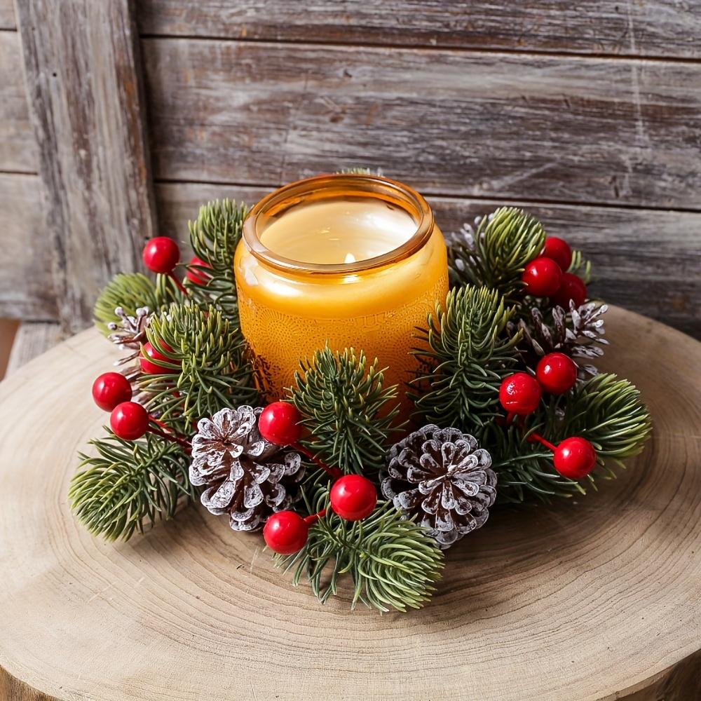 2pcs Artificial Pine Cones and Berry Candle Rings, Pine Needles, Christmas Themed Desktop Decoration Flower Garland Pendant