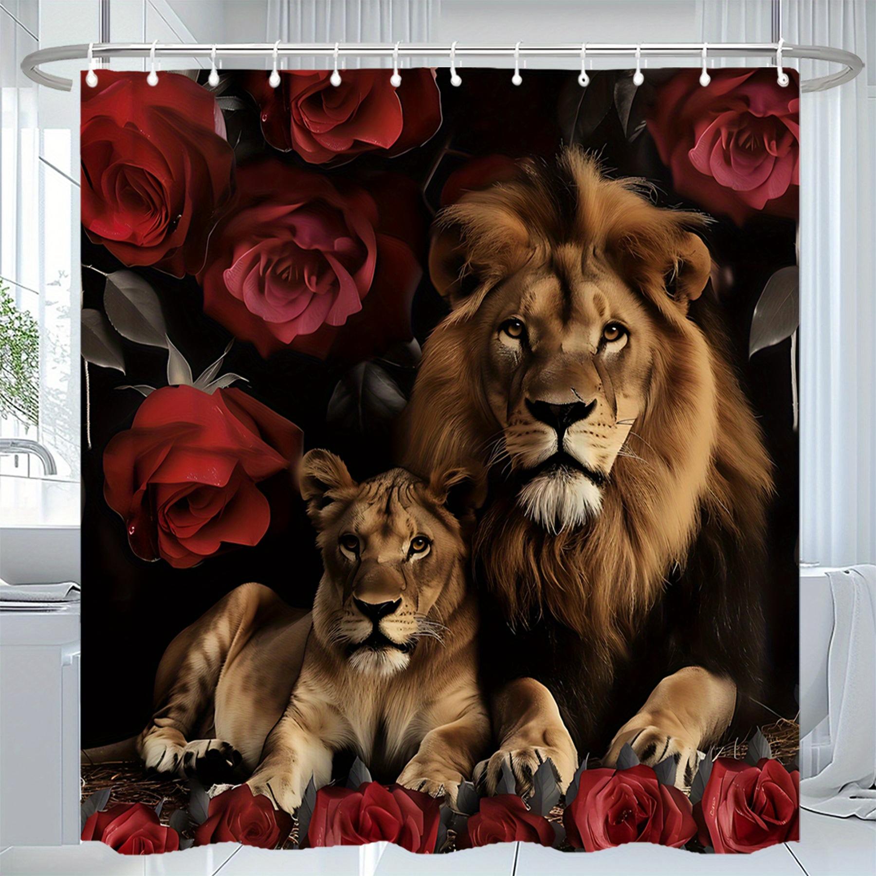 

1Pc Shower Curtain - Regal Lions With Red Roses In A Dramatic Black Background Design Waterproof W60H190(CM)-1 Pcs