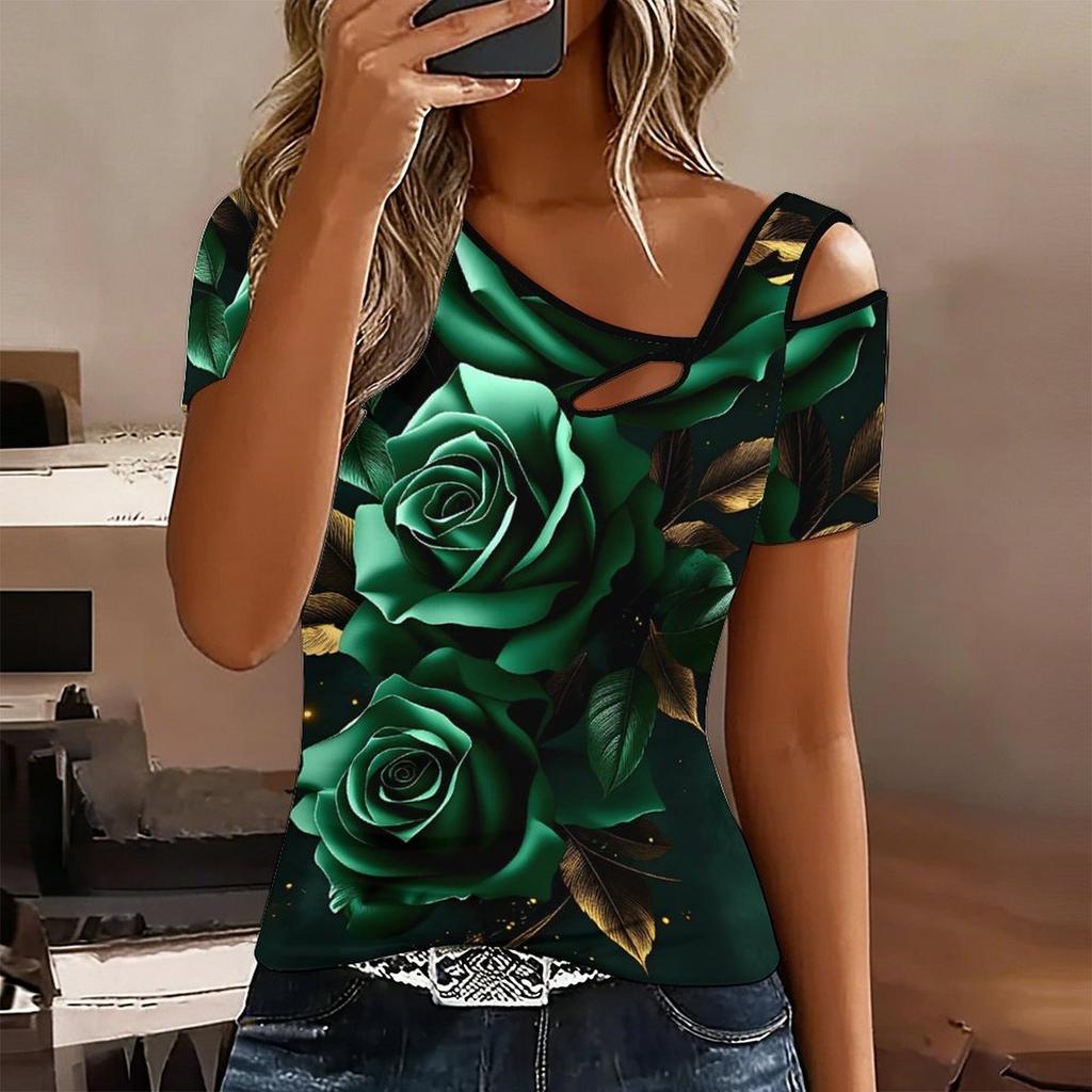 Women Butterfly Print Cold Shoulder Short Sleeve T Shirt Irregular Cutout Neck Casual Summer Blouse Top