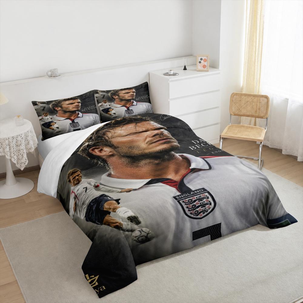 3 Piece Bedding Set with Duvet Cover and 2 Pillowcases - David Beckham England 7 Legend Portrait Print - White Jersey Decor