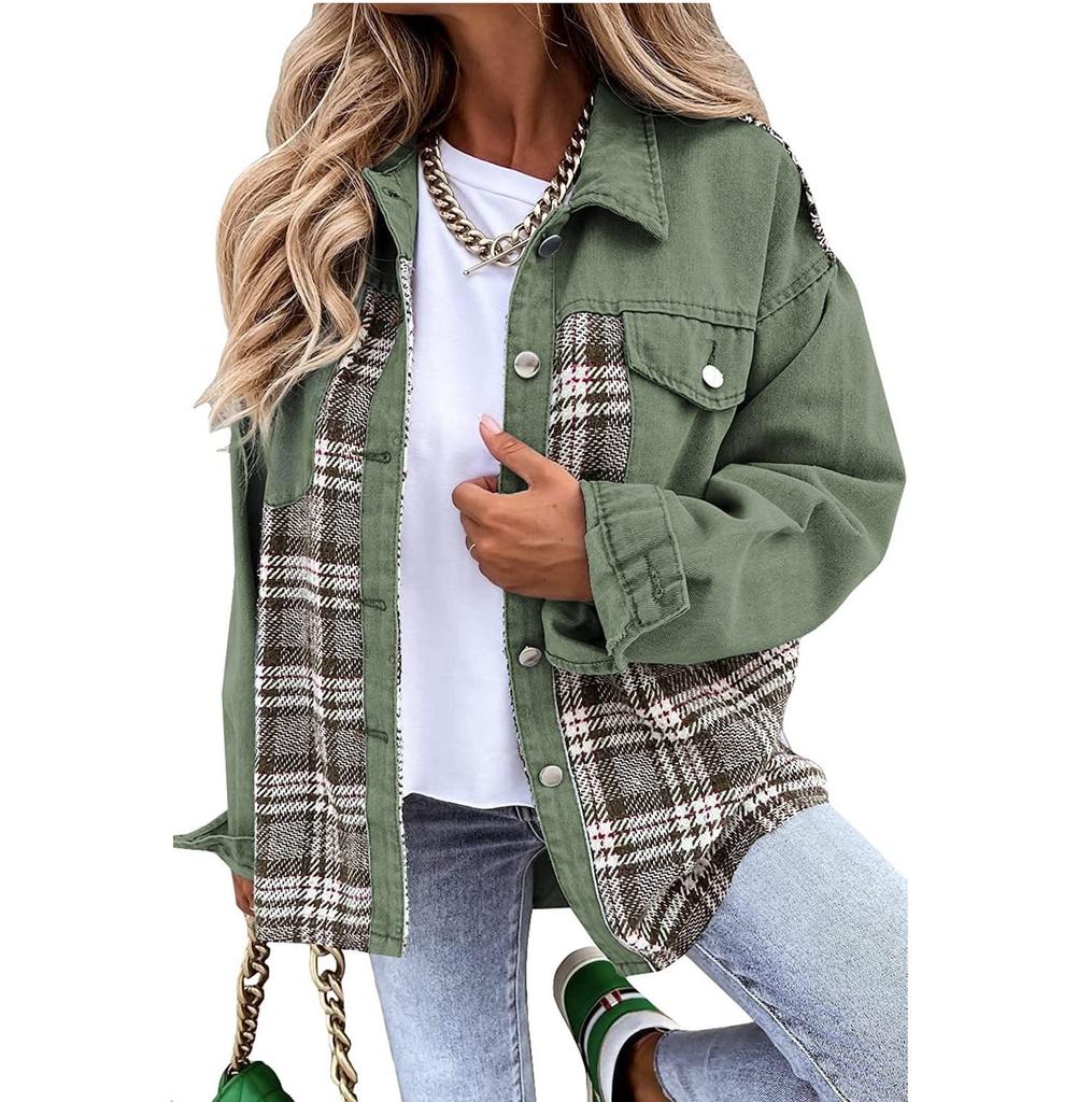 Autumn and Winter Women's Jeans Jackets, Denim Jacket Long Sleeved Checkered Button Down Shirt Jacket Top and Valve Pocket