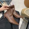 Fashion SUOJIALUN Winter New Thin Low Heel Women Ankle Boots Fashion Pointed Toe Slip On Chelsea Boots Shoes Soft Leather Short Boots