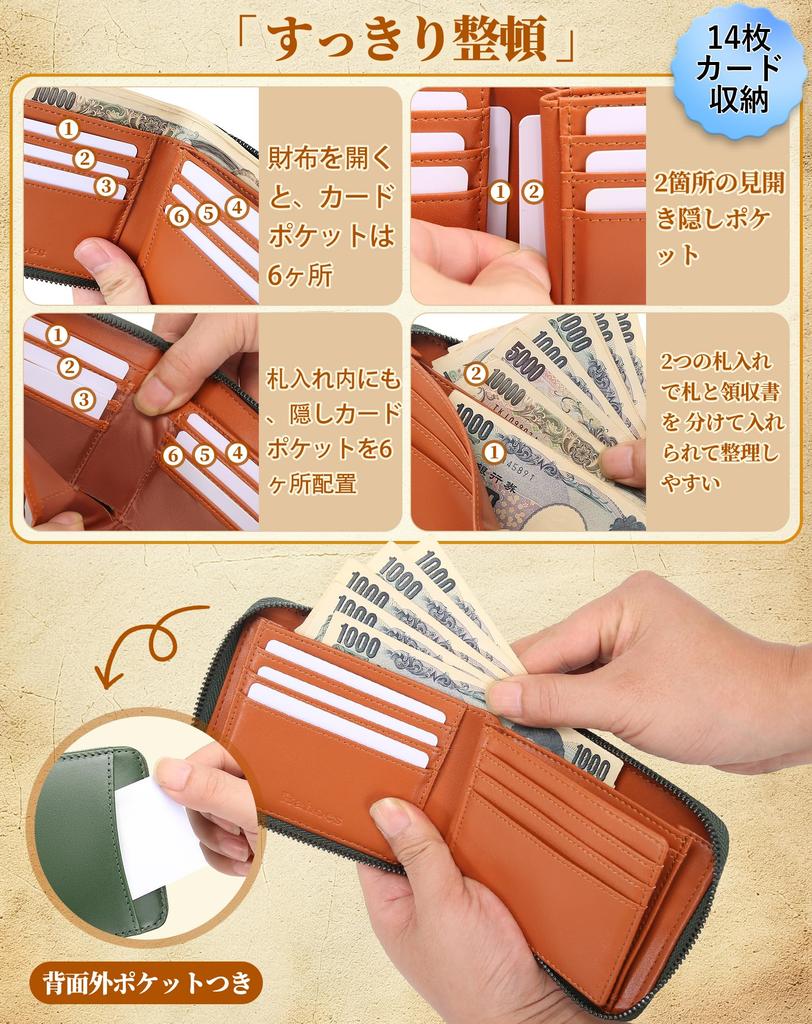 Bahoes Tochigi Leather Wallet with Coin 14 Card Round Business Gift Box Included Men's Bi-fold Box-Type Purse, Slots, Zipper, Use,