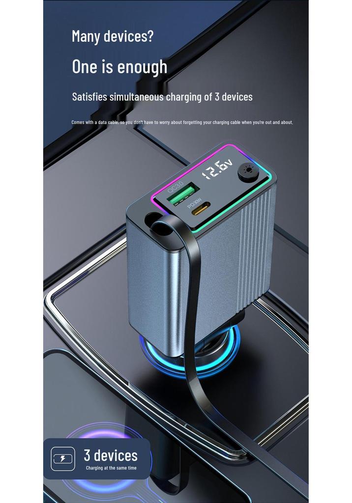 Fast-Charging Car Charger with Ambient Light and 3-Way Cigarette Lighter Converter, Type-C Retractable Flash Charging