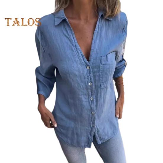 

Женская рубашка с V-образным вырезом, длинным рукавом, застегивающаяся на пуговицы, с накладным карманом, однотонная, стандартного кроя, повседневные топы M синий