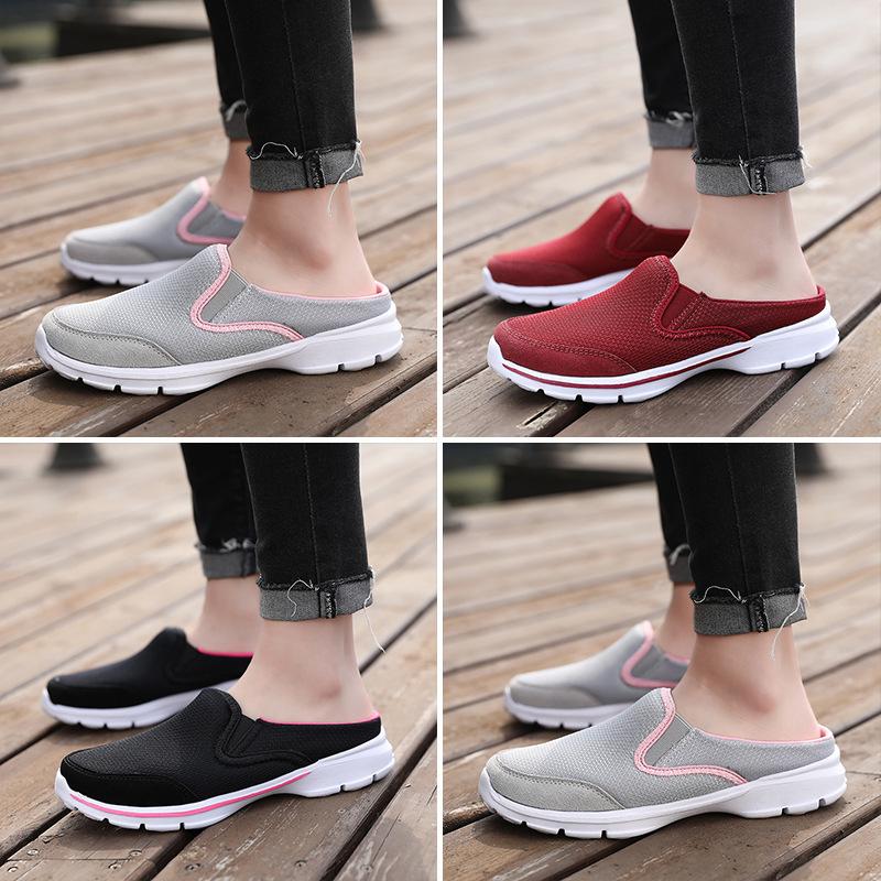 Fashion Casual Shoes Women's Shoes Half-Stopping Single Shoes Women's Flat Sole One Foot Pedal Mesh Breathable Sandals Without Heel