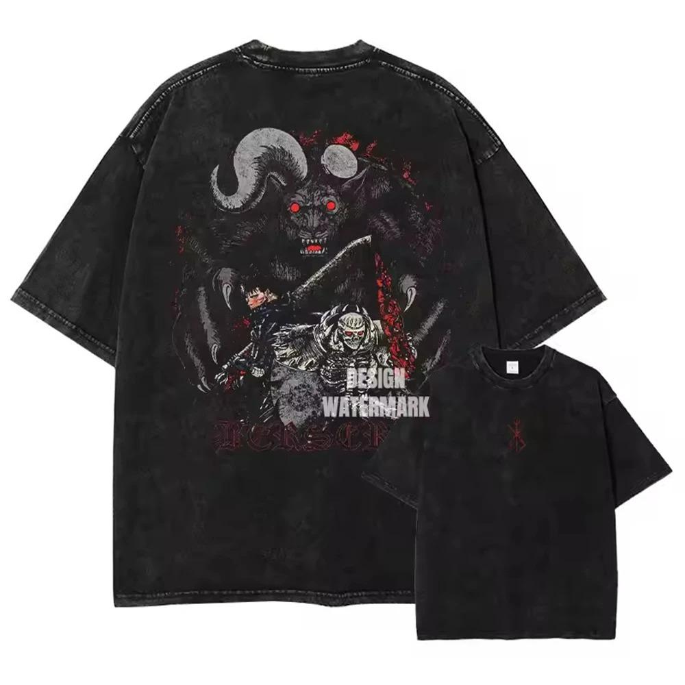 Берсерк Гатс, Рыцарь-череп и Золд Винтажная стираная оверсайз футболка | Темное фэнтези Аниме Уличная футболка L