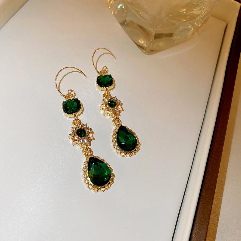 Emerald & Diamond-Inlaid Flower Zircon Water Drop Earrings: Retro, Luxury Ear Hooks for Women