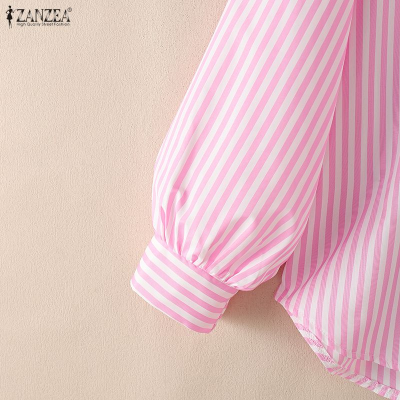 ZANZEA Women Casual Turn Down Collar Long Sleeve Stripe Blouse