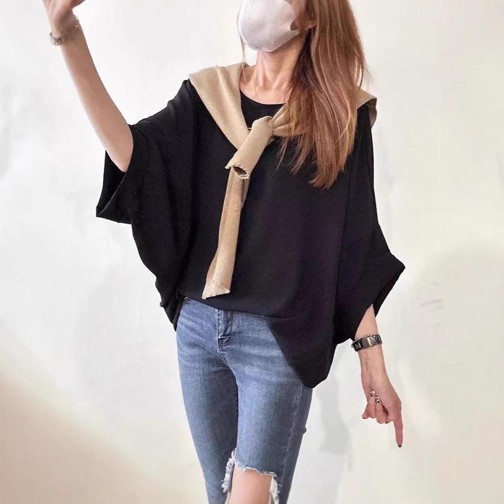 2025 Ice Silk Pleated Batwing Sleeve Plus Size Women's Top - Casual and Trendy