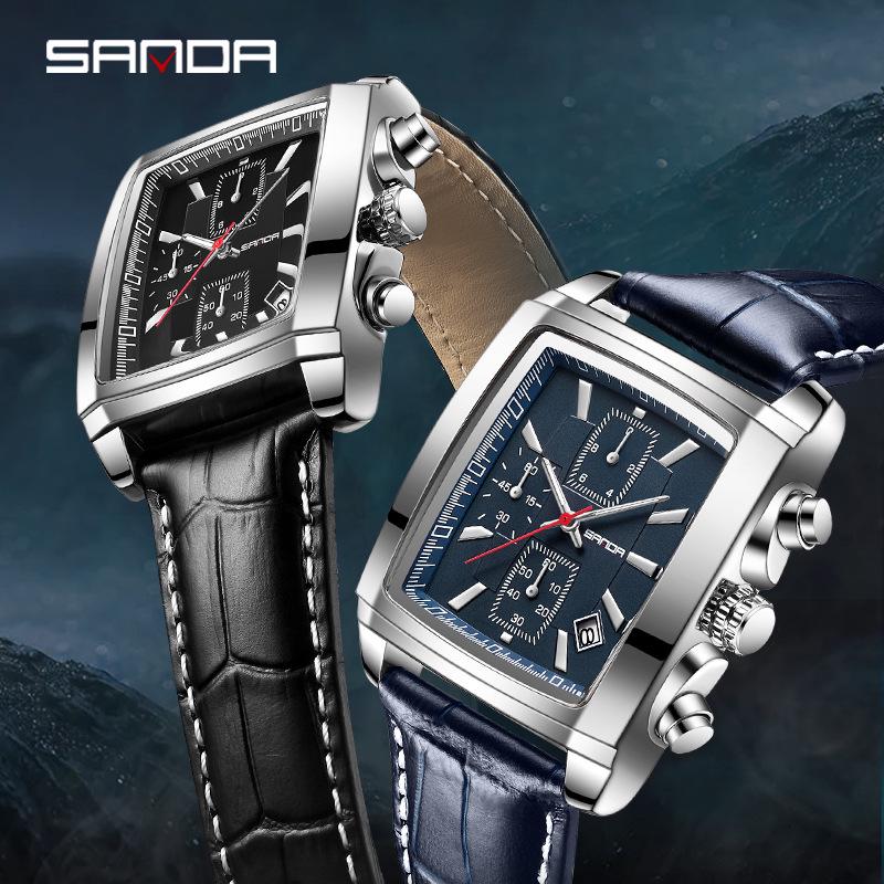 Sanda Trendige Herren-Quadrat-Quarzuhr mit Lederarmband, Wasserdicht, Kalender, Drei-Zifferblatt, Sechs-Zeiger-Design