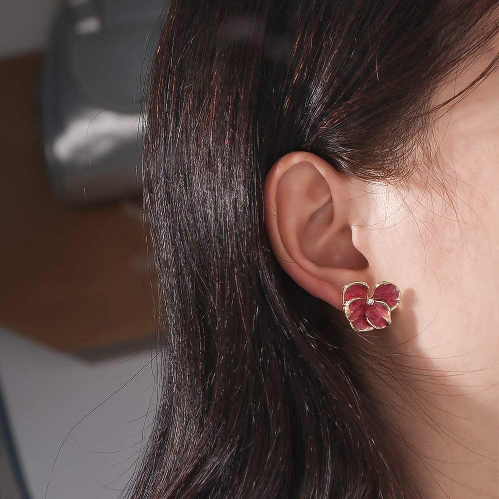 Cute Flower Stud Earrings Rhinestone Five Petals Earrings Elegant 3D Petal Flower  Earrings  Women