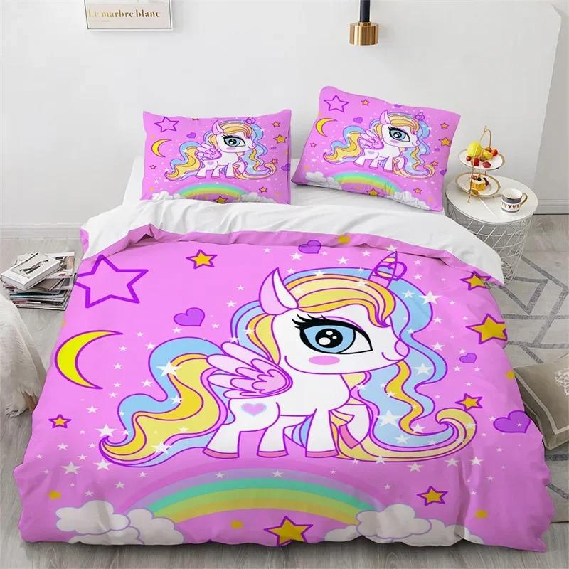 Cartoon Unicorn Duvet Cover Floral Bedding Set Microfiber Flying Horse Comforter Cover Full Queen For Boys Girls Bedroom Decor