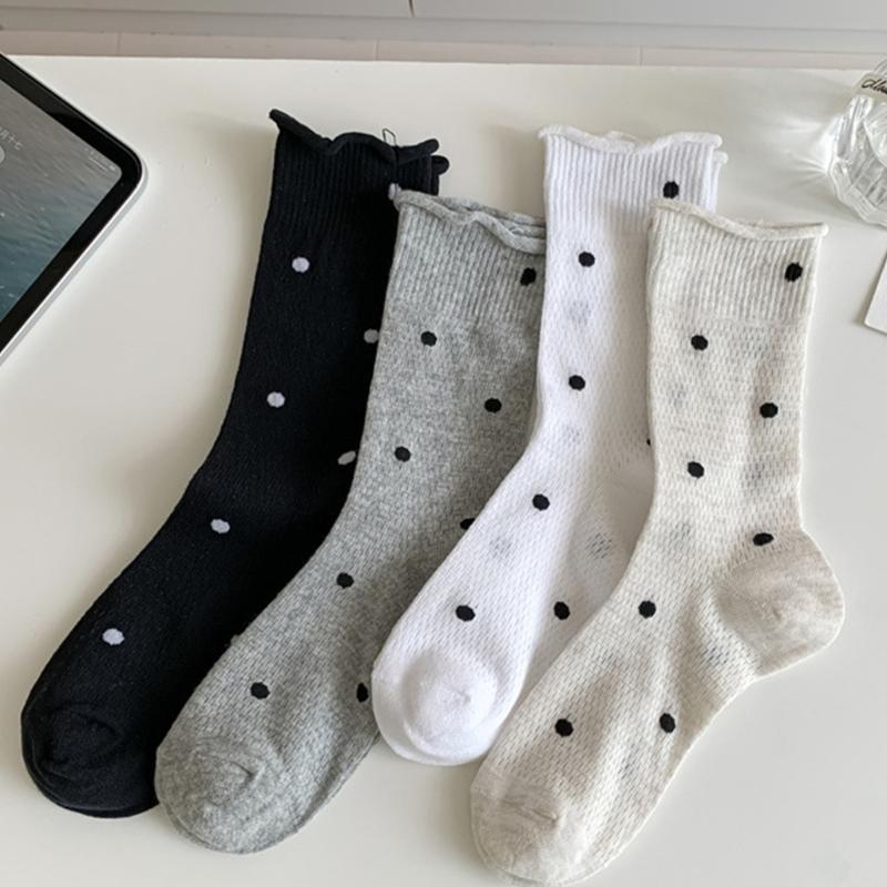 Womens Japanese Vintage Dots Pattern Cotton Middle Tube Calf Socks Hollow Out Breathable Mesh Thin Roll Cuffs Crew Socks