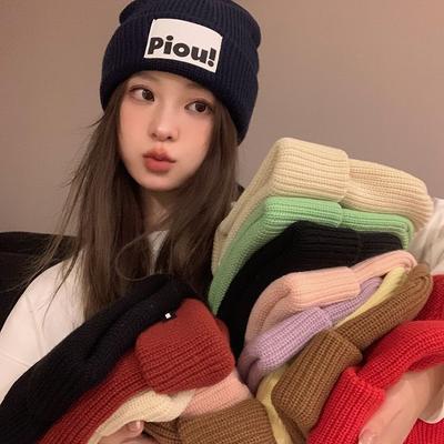 Letter Patch Knitted Woolen Hat for Women Autumn and Winter Warm and Cold Proof Korean Style Versatile Hat