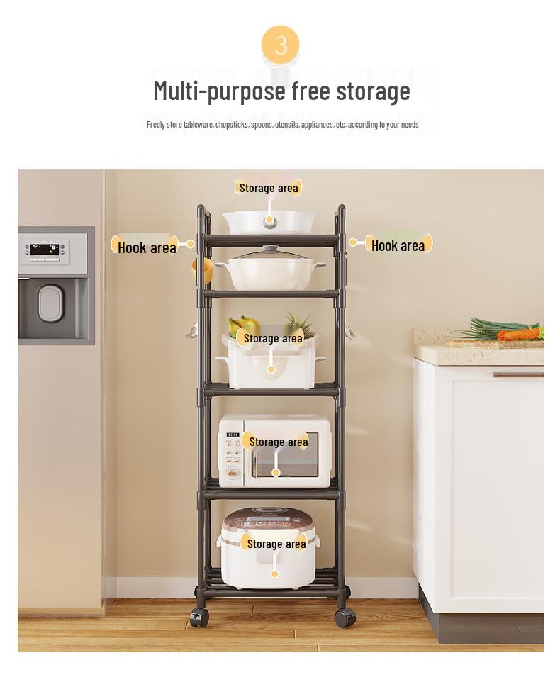 Multi-Layer Kitchen Storage Trolley: Punch-Free Rack for Pots and Microwave