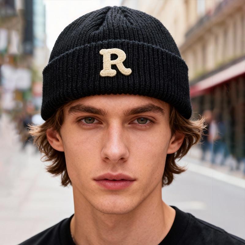 1pc Solid Color Letter R Rolled Edge Knitted Hat for Men and Women,Simple and Warm Beanie for Daily Use or As A Gift for Friends