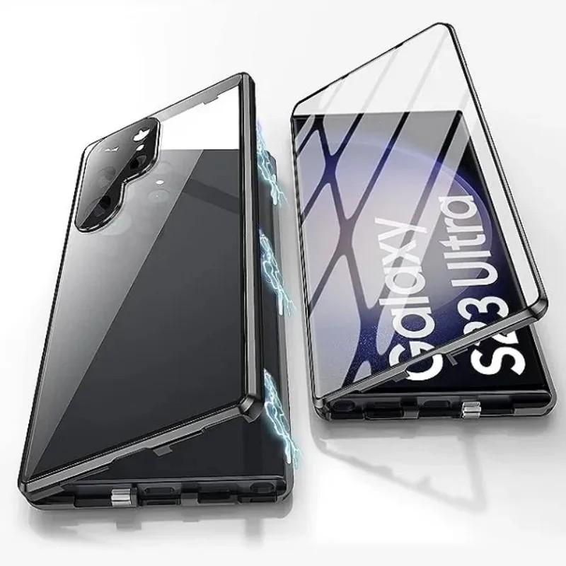 360 kovový rám, oboustranné skleněné, magnetické pouzdro Snap Lock pro Samsung Galaxy S24 S23 FE S22 Ultra S21 Plus Plná ochrana objektivu