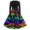 Women's Casual Halloween Print Long Sleeve Round Neck Vintage Style Dress with Waist Tie Belt Comfortable Fit