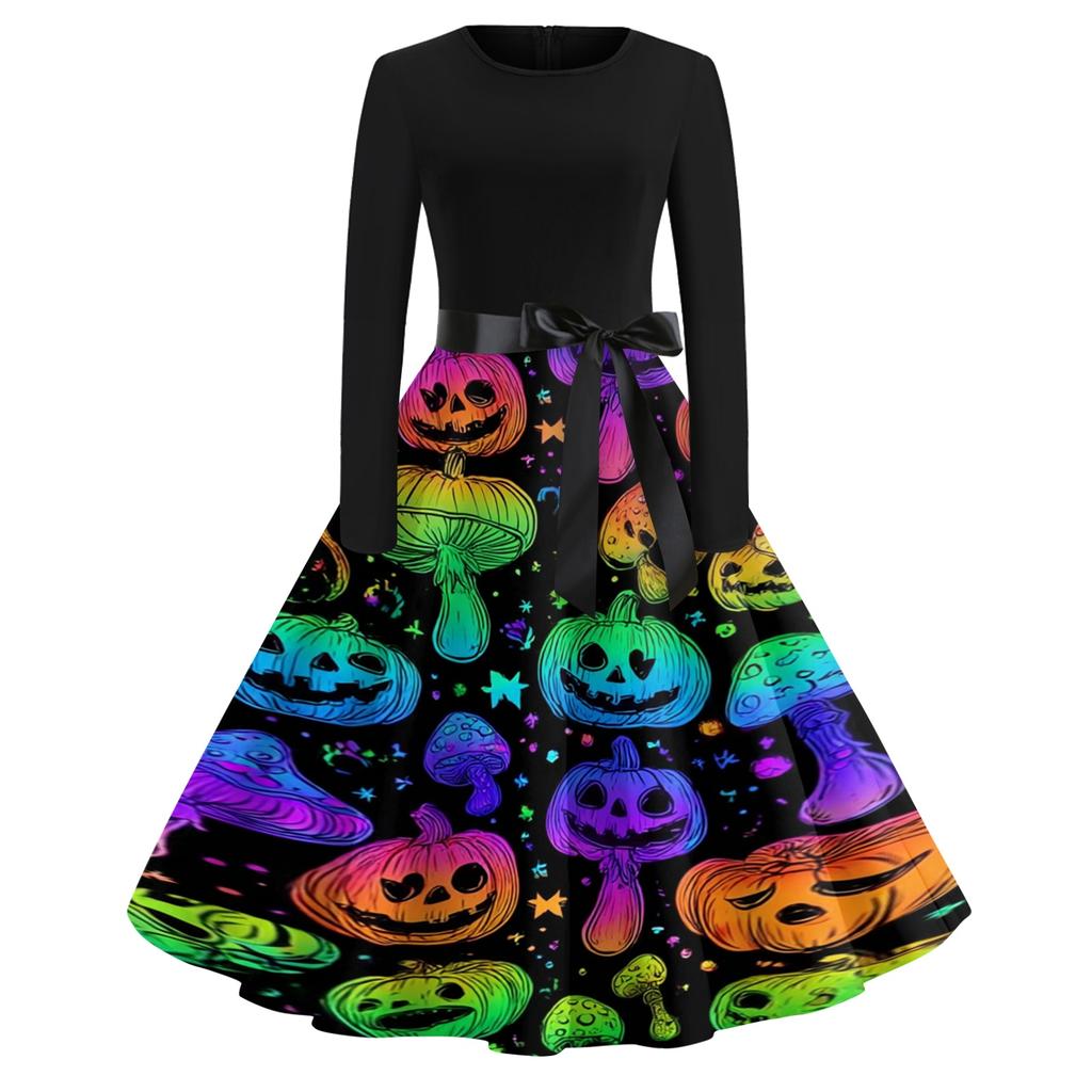 Women's Casual Halloween Print Long Sleeve Round Neck Vintage Style Dress with Waist Tie Belt Comfortable Fit