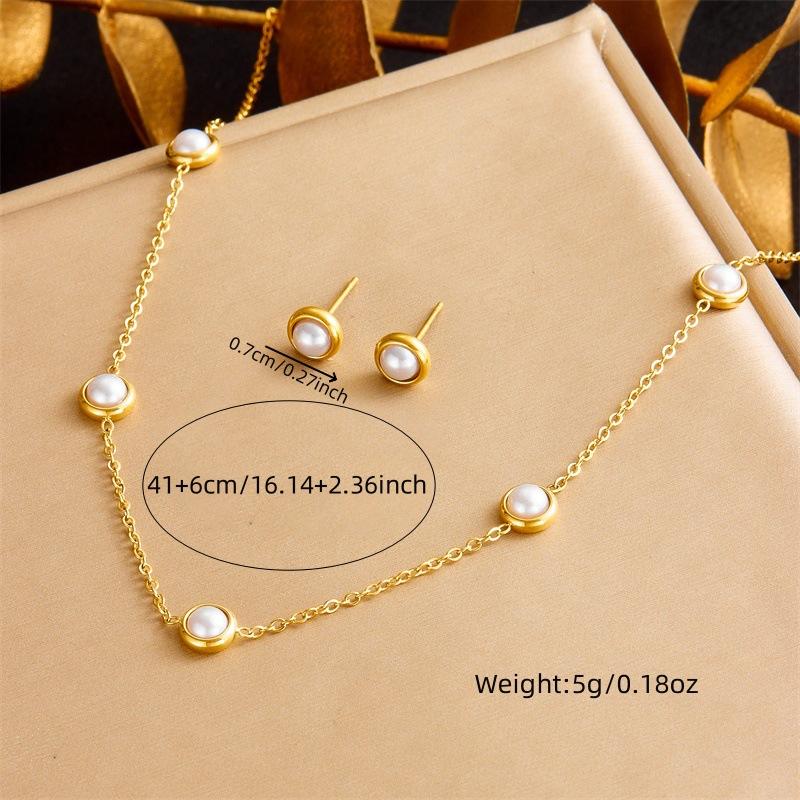 Gold Plated Round Pearl Jewelry Set Necklace Bracelet Earrings for Women Stainless Steel