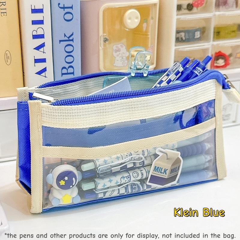 1 st Color Block Transparent PVC Pennskrin Penförvaringspåse för Prov Söta Färger Stor Kapacitet Flerlagers Kontorsmaterial