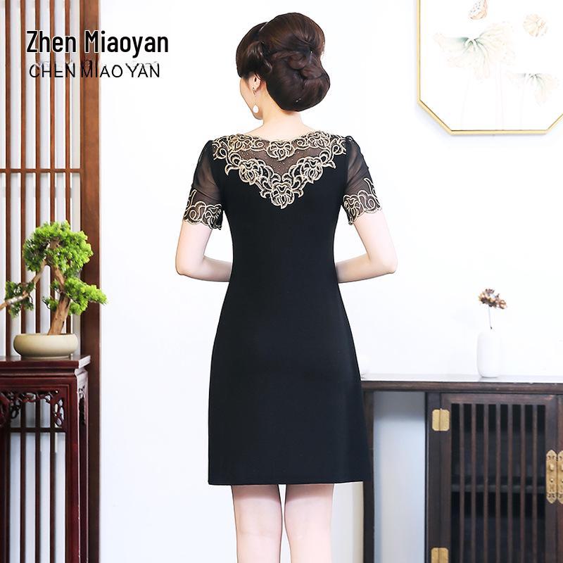 2024 Summer Chiffon Embroidered Dress: Mid-Length, Solid Color, Short-Sleeved, A-Line for Middle-Aged Women