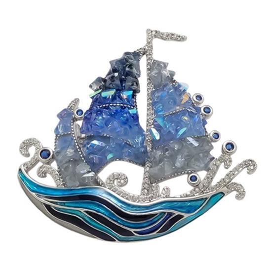 Brooch Pin, Sailing Boat Design Brooch with Blue Enamel Waves And Faux Crystal, Stable Buckle Three-dimensional Badge for Jewelry Gift синий