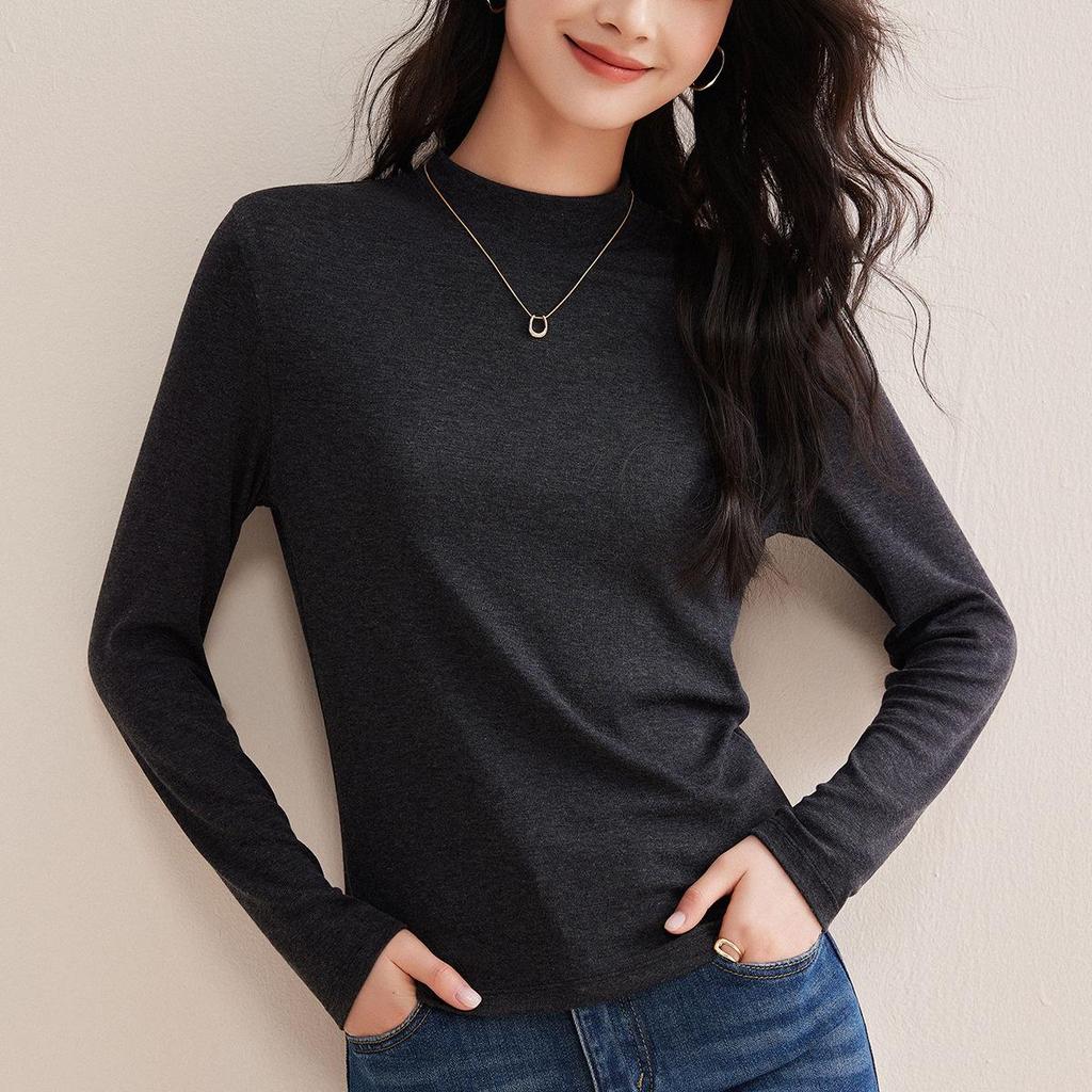 Women’s Tencel Wool Long Sleeve Stand Collar T-Shirt, Spring 2026, Thin White Base Layer, Set-in Shoulders