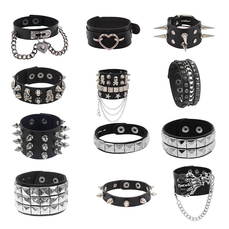 90S  Punk Style Bracelet Personality Pu Leather Three Rows Spikes Square Bracelets Bangle 2024 Party Jewelry Gift