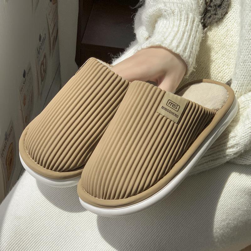New Striped Cotton Slippers Winter Couple Home PU Waterproof Velvet Warm Non-slip Floor Slippers