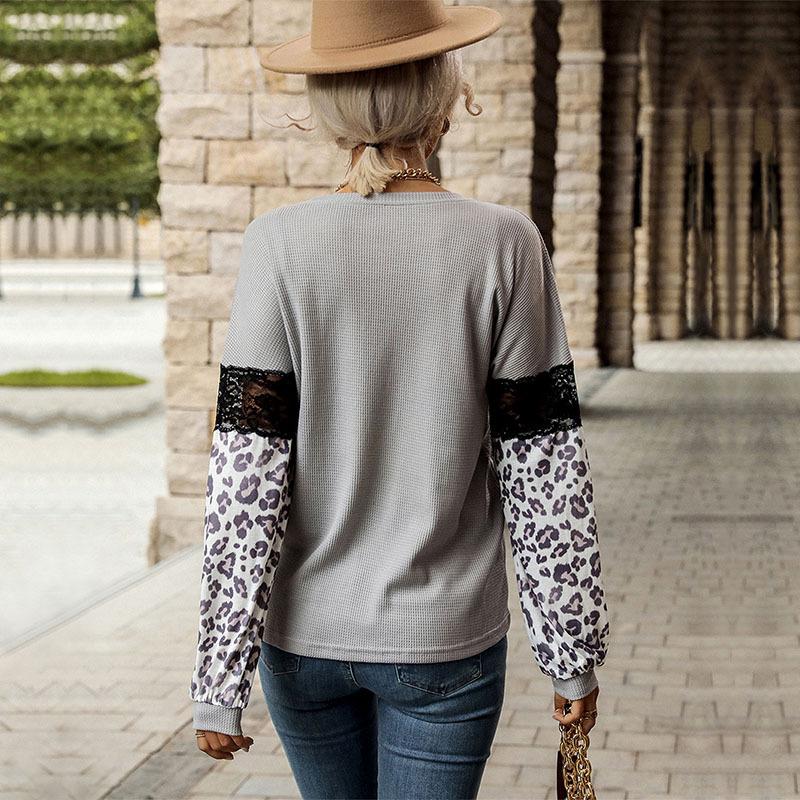 Tops Shirts Clothing Fashionable and Casual Temperament Autumn and Winter Splicing Tops Women Leopard Print Long-sleeved Color Clash Knit Shirt