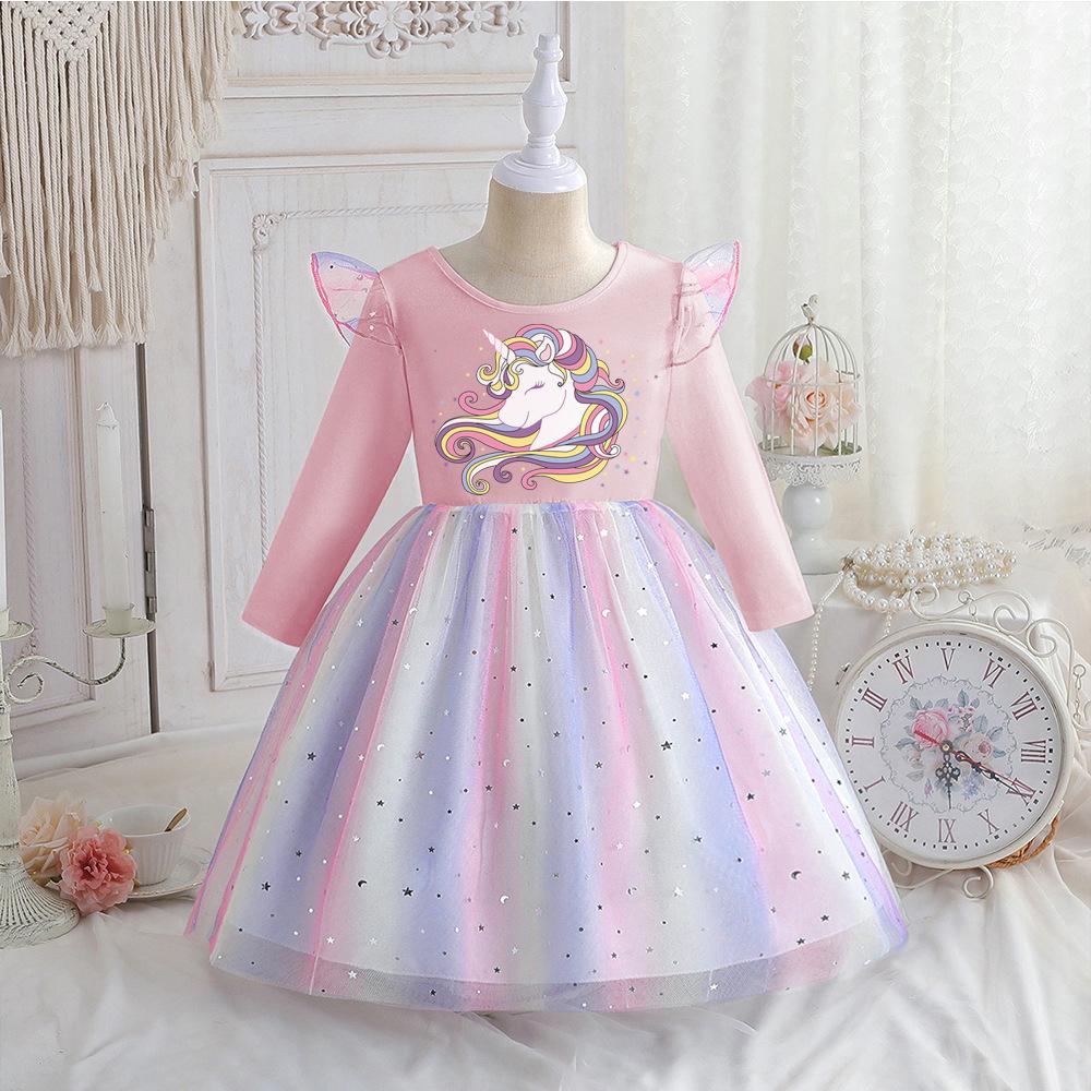 Girls' Unicorn Rainbow Princess Dress: Long Sleeve Sequined Mesh Dress for Spring & Autumn Birthdays