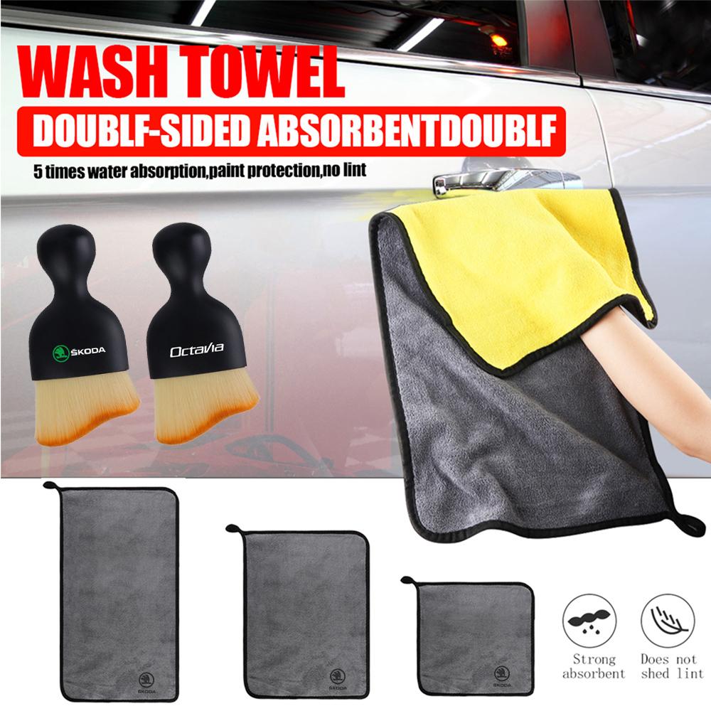 AAAAF1 Microfiber Absorbent Car Cleaning Towels Double-Faced Plush Wash Towel Rag Cleaning Brush For Skoda S Octavia Rapid Karoq Scala