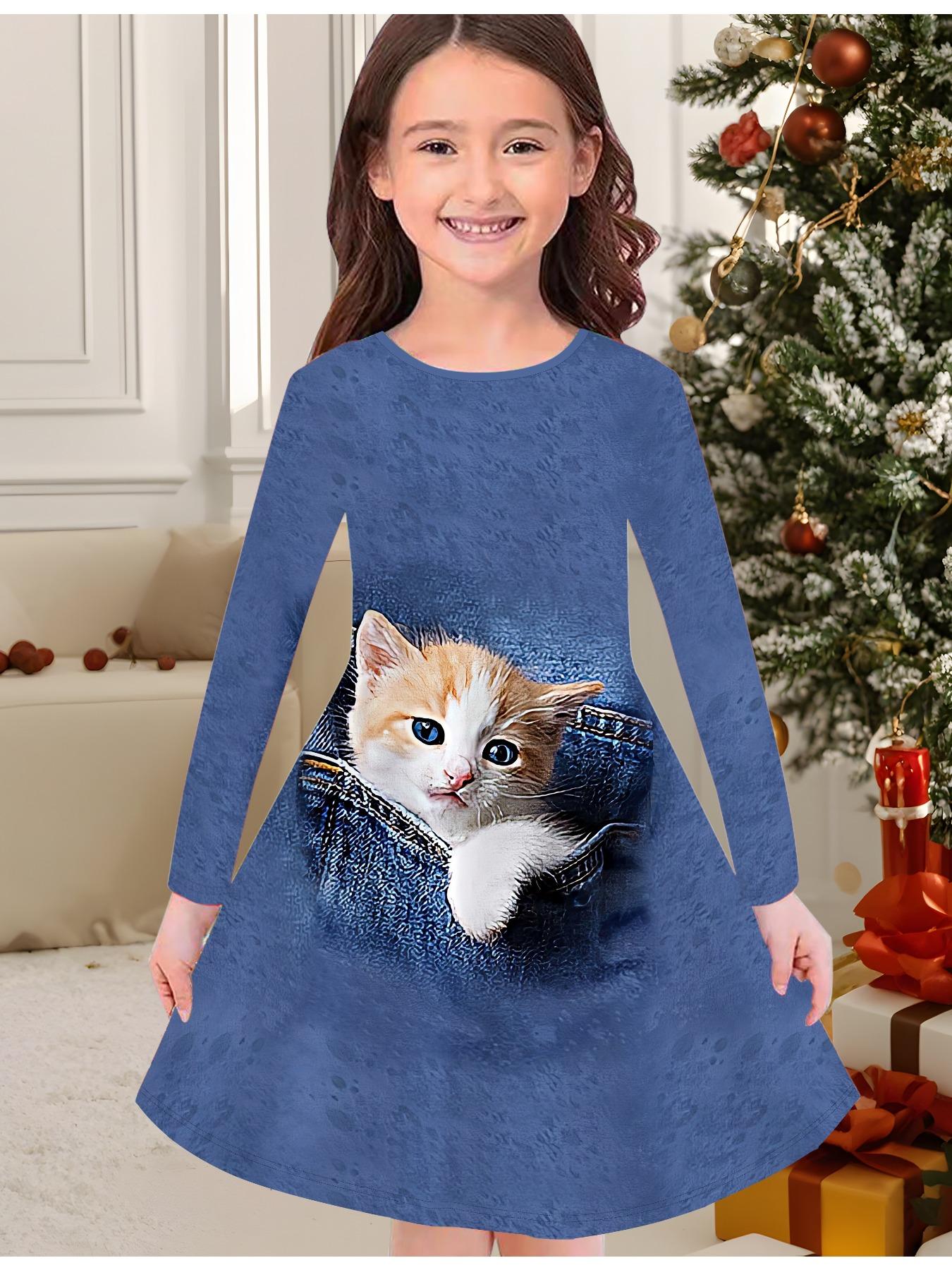 

Модное осенне-зимнее платье для девочек, милый 3D принт с котенком, круглая горловина, длинное детское платье-футболка, повседневное универсальное, рождественская одежда 170 темно-синий