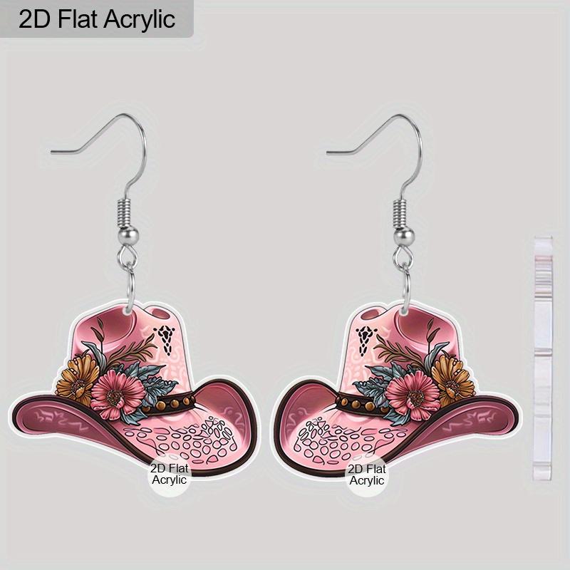 

2D Плоские Акриловые Серьги в Стиле Вестерн Ковбойская Шляпа с Розовым Цветком Ювелирное Изделие Подарок для Женщин