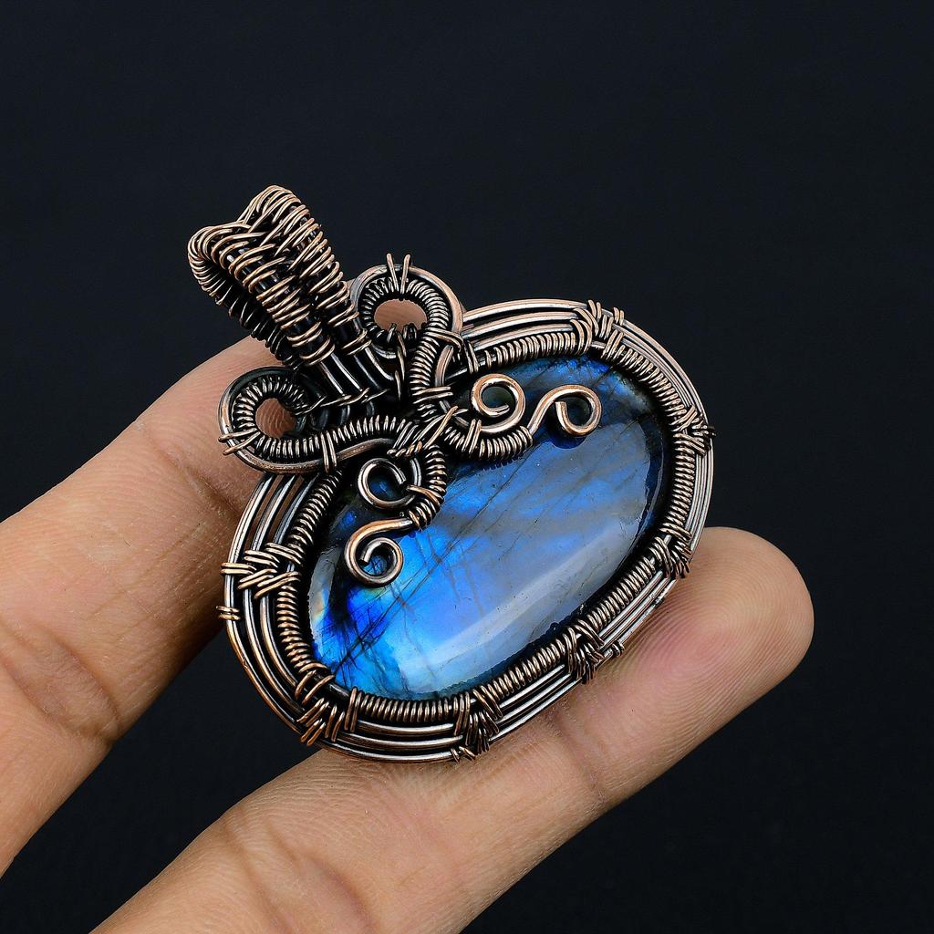 Blue Flash Labradorite Handmade Pendant, Natural Gemstone Jewelry, 999 Copper Wire Wrapped Pendant Jewelry, For Gift