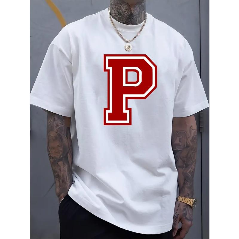 European Size Fashionable And Comfortable Men'S T-Shirt with Unique P-Letter Print - Breathable Casual Round Neck Spring And Summer T-Shirt