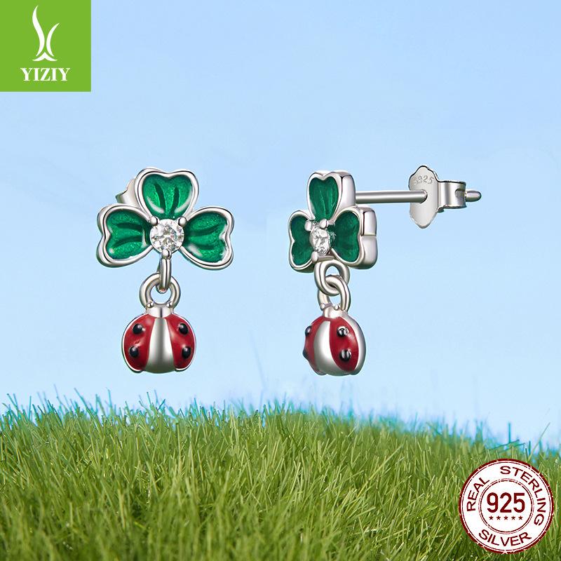 Four-Leaf Clover Ladybug Stud Earrings Female, Lucky Natural Fresh S925 Sterling Silver Earrings Earrings