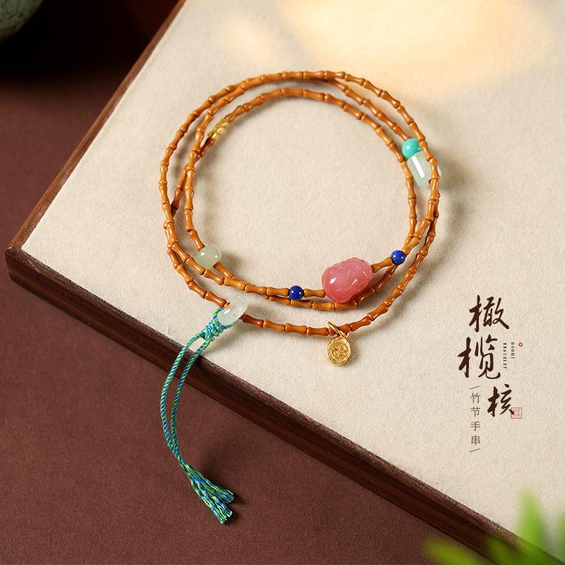 New Chinese-style Olive Pit and Bamboo Knot Bracelet, Yanyuan Agate Pixiu Decorative Piece, Multi-loop Hand Bracelet, Traditional Chinese Style Long