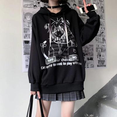 Gothic Emo Anime Print White Hoodies Women Harajuku Streetwear Oversize Long Sleeve Pullover Female Black Sweatshirt