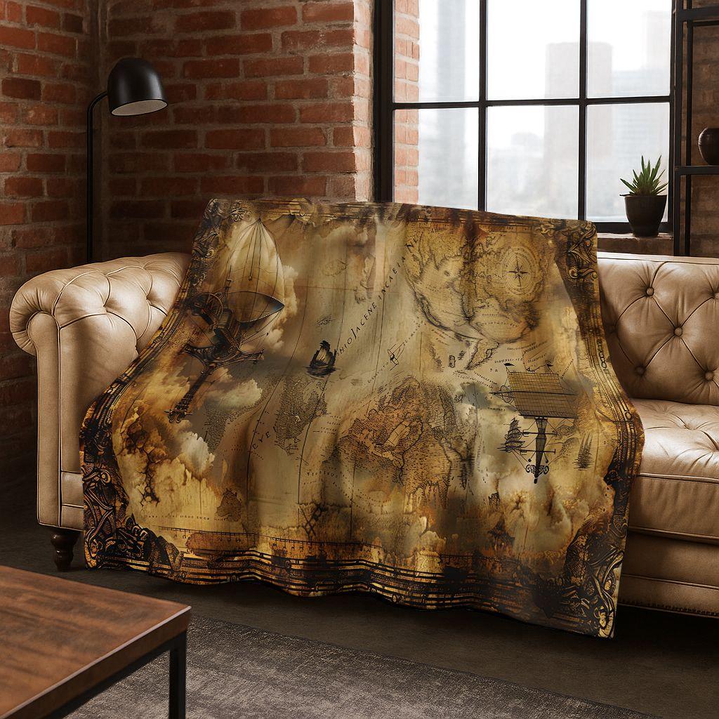 Retro Nautische Karte Kompass Schatzkarte Flanell Decke, Gemütliche Weiche Überwurfdecke für Zuhause Schlafzimmer Bett Sofa Abdeckung Geschenk Kinder