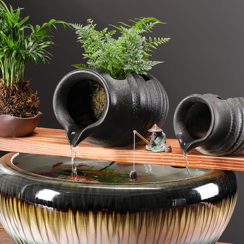 Circulating Water Clay Pot Waterfall Jar Courtyard Fountain Fish Tank Indoor Garden Decor Ceramic Jar Outdoor Ornament Landscape