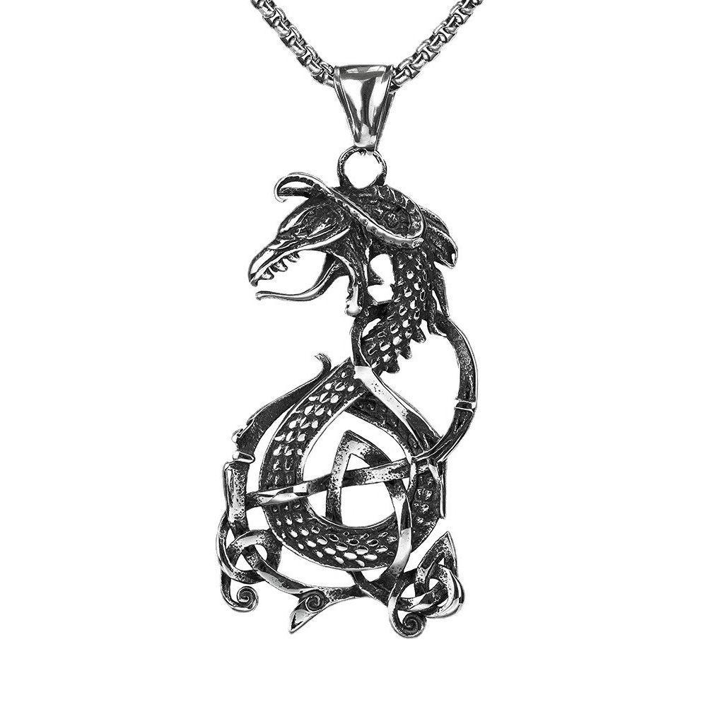 Viking Style Celtic Knot Dragon Pendant Stainless Steel Necklace For Men