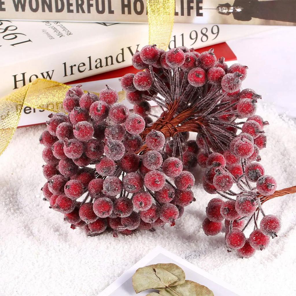 Artificial Frosted Holly Berry Double Head Mini Berry Bouquet Red Berries Flower Christmas Fake Fruit Cherry Stamen DIY Craft