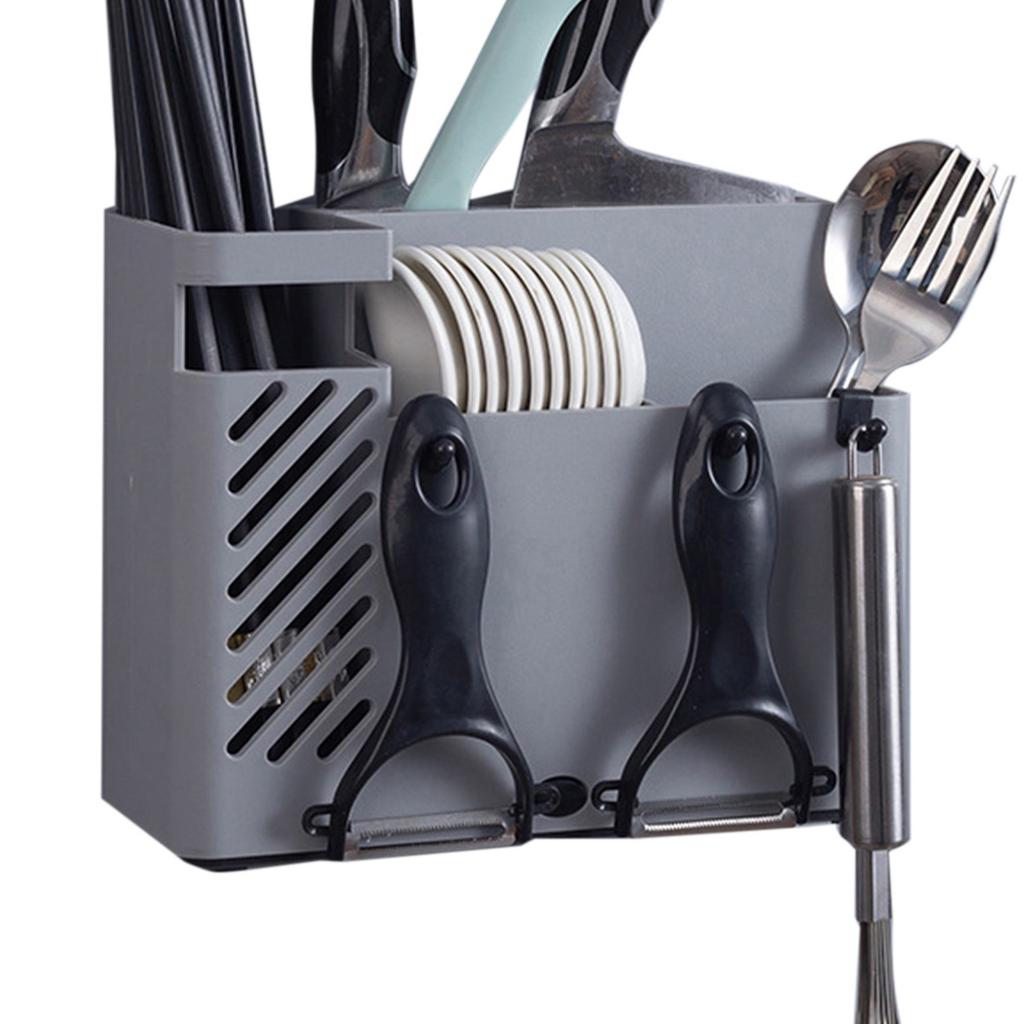 Portaposate Multifunzionale da Parete Scolapiatti per Bacchette per Casa Cucina Grigio