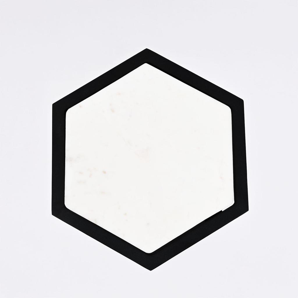 Hexagonal Marble Table Set of 2 – Modern Nesting Accent Tables with Black Metal Base